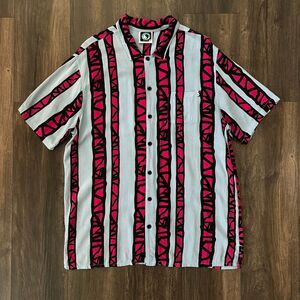 Retro T&C Surf Designs Shirt Tribal Striped Blue Pink Button-Up Short Sleeve XL